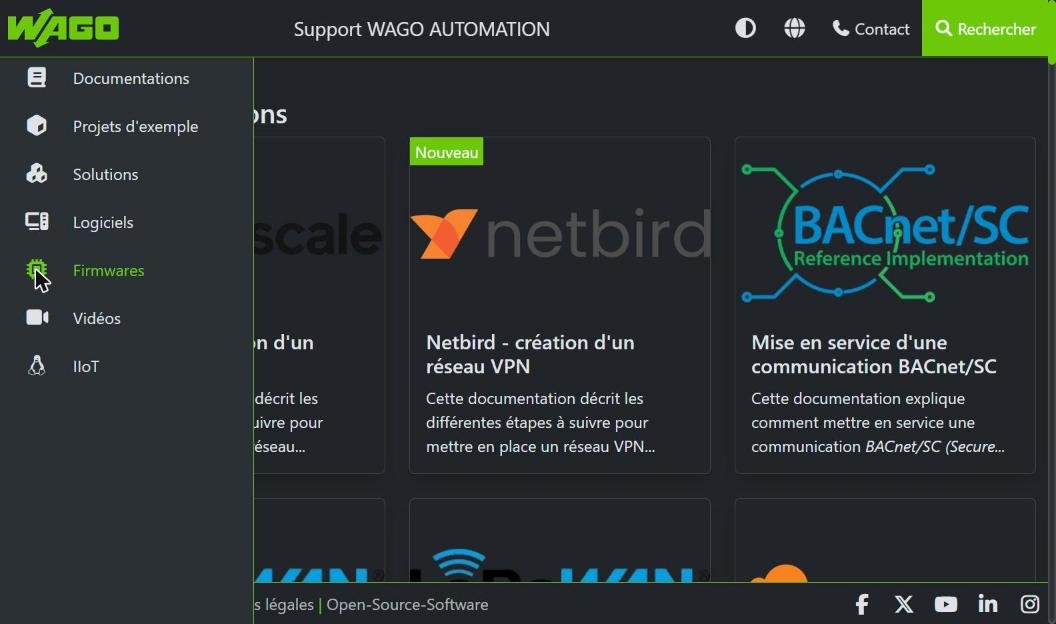Menu Firmwares du site Support WAGO AUTOMATION